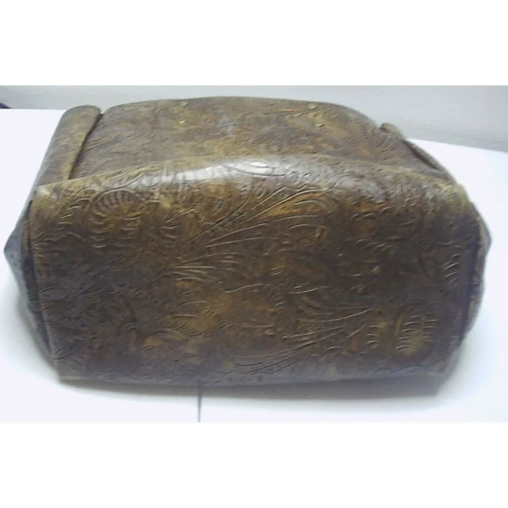 Vtg Handcrafted Embossed Tooled Leather Tote Bag Brown 10x5x10